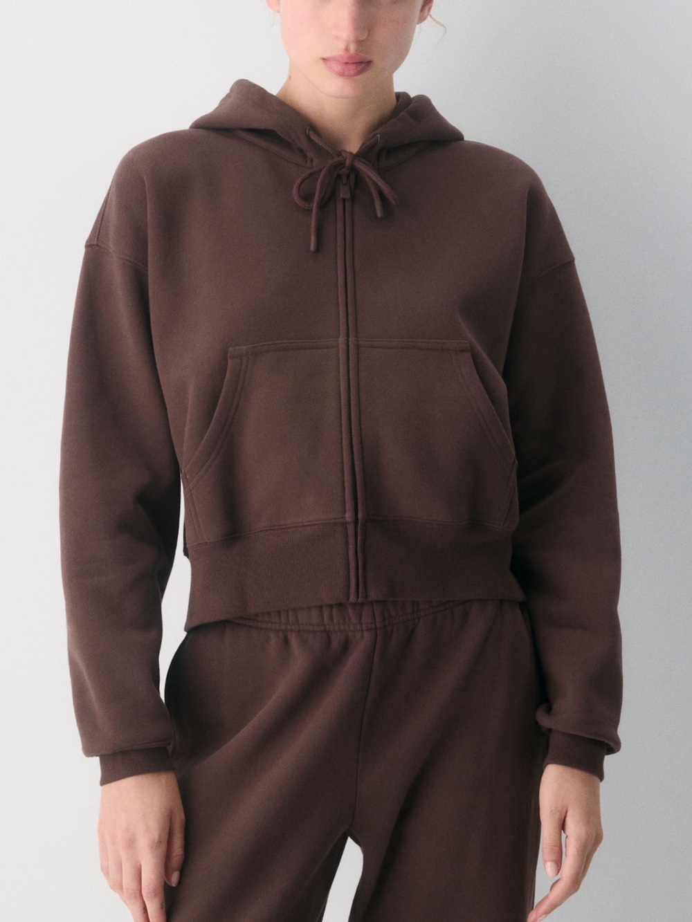 Cozy sweatfleece boyfriend boxy zip hoodie cocoa powder brown